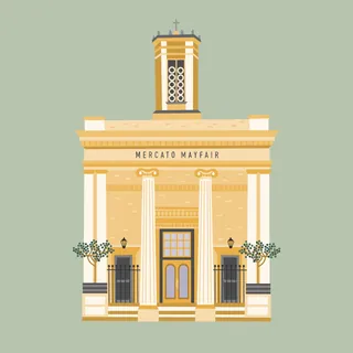 Mercato Mayfair building illustration by Kate Snell featuring classical columns