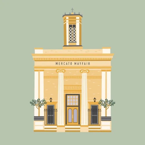 Mercato Mayfair building illustration by Kate Snell featuring classical columns