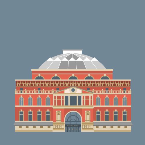 Illustration of Royal Albert Hall with large dome and red brick facade by Kate Snell