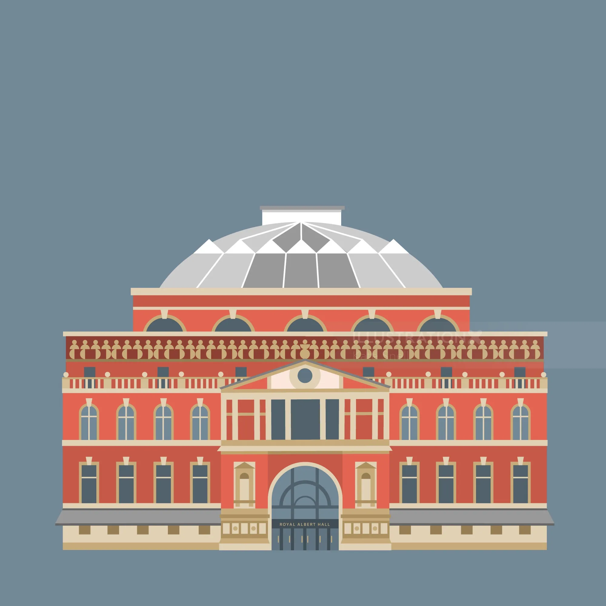 Illustration of Royal Albert Hall with large dome and red brick facade by Kate Snell