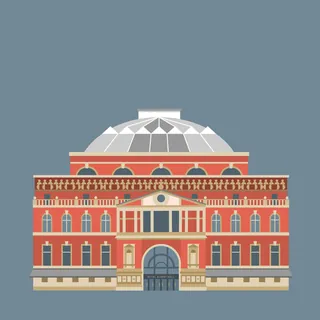 Illustration of Royal Albert Hall with large dome and red brick facade by Kate Snell