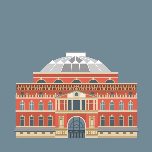 Illustration of Royal Albert Hall with large dome and red brick facade by Kate Snell