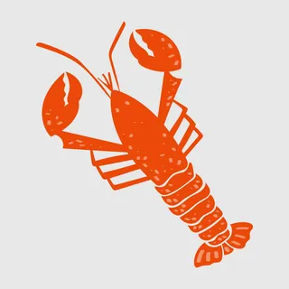 Orange lobster illustration with large claws on gray background by Kate Snell