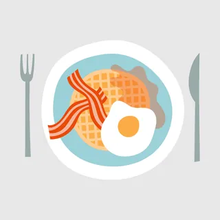 Breakfast plate with waffle, bacon, and fried egg illustration by Kate Snell