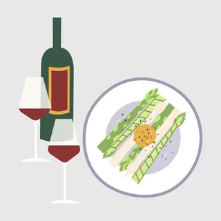 Illustration of wine bottle, two glasses, and asparagus plate by Kate Snell