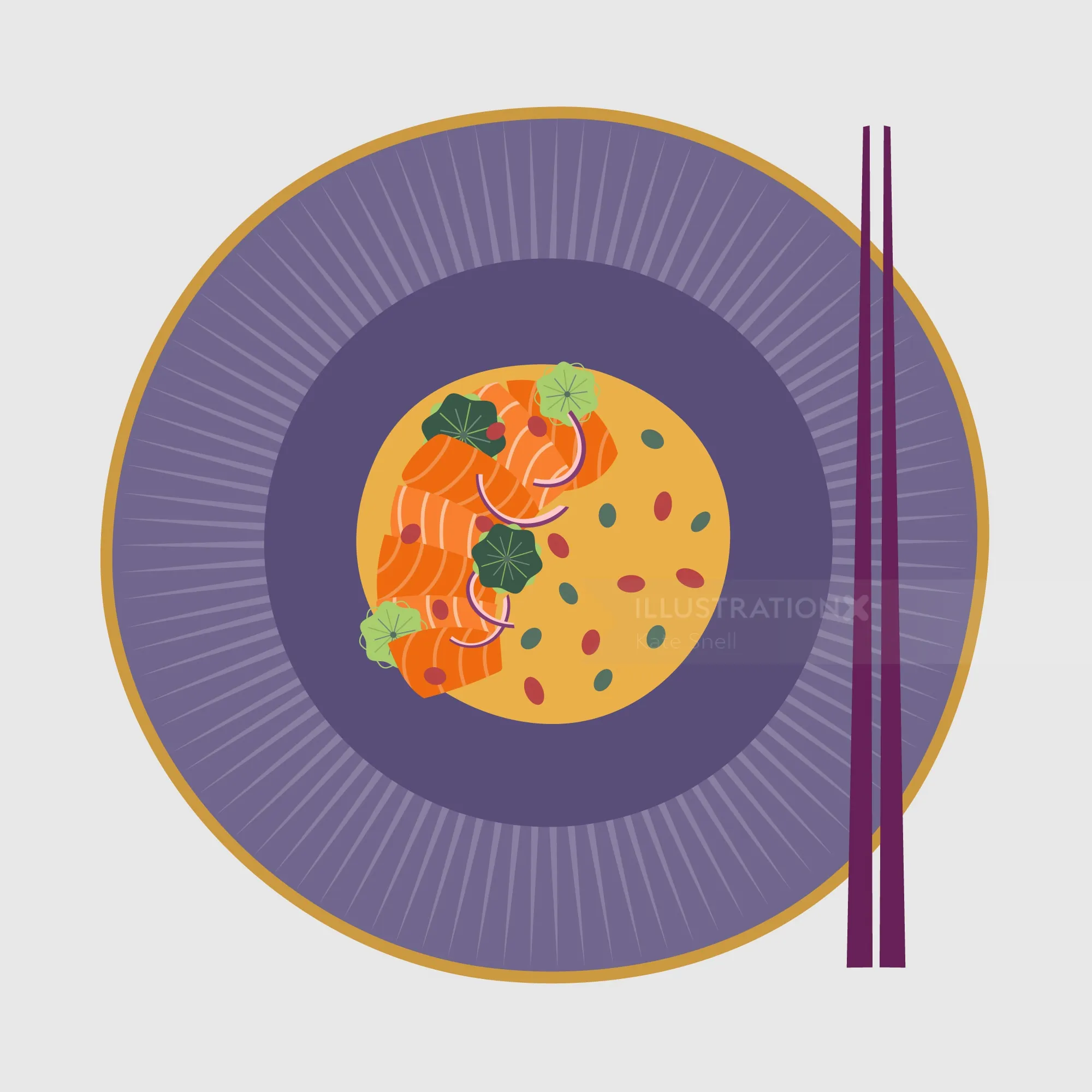 Illustration of a salmon dish garnished with herbs and beans with chopsticks by Kate Snell