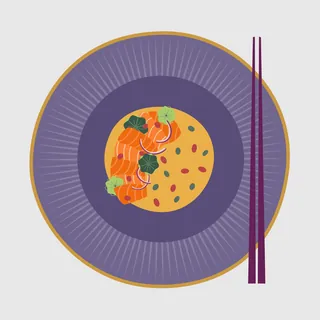 Illustration of a salmon dish garnished with herbs and beans with chopsticks by Kate Snell