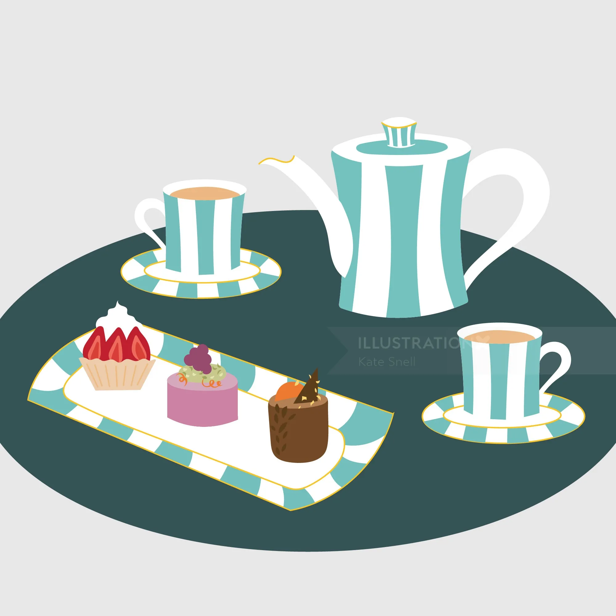 Tea set with teapot, two cups, and desserts by Kate Snell