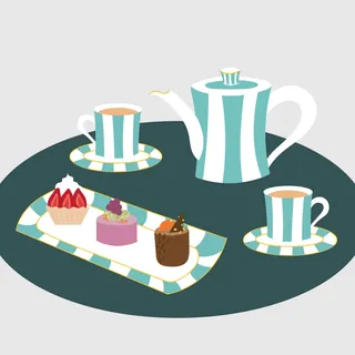 Tea set with teapot, two cups, and desserts by Kate Snell
