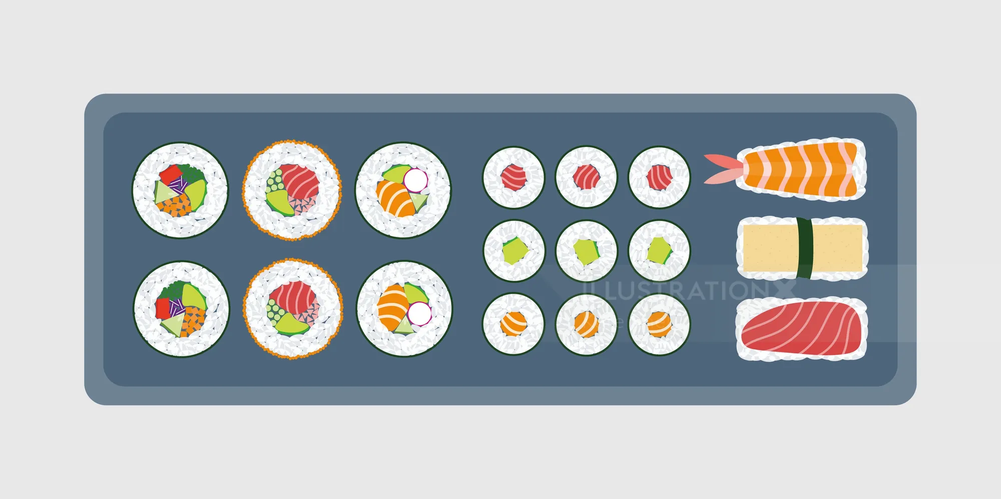 Sushi platter with nigiri and various maki rolls by Kate Snell