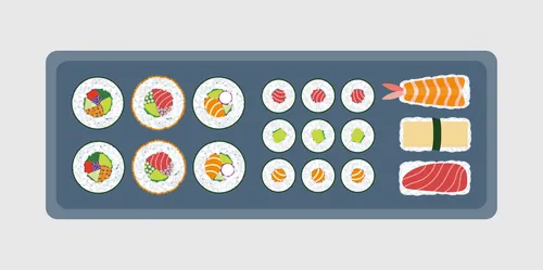 Sushi platter with nigiri and various maki rolls by Kate Snell