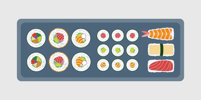 Sushi platter with nigiri and various maki rolls by Kate Snell