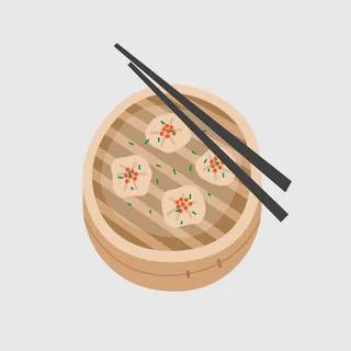 Dim sum dumplings in bamboo steamer with chopsticks illustration by Kate Snell