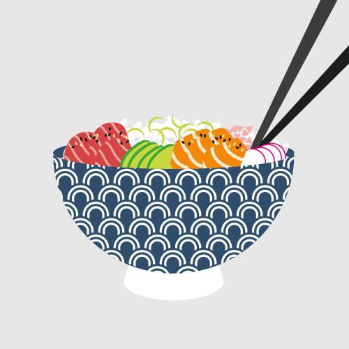 Illustration of sushi bowl with chopsticks by Kate Snell