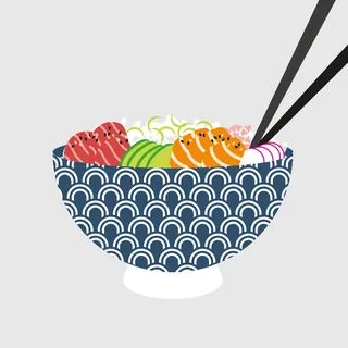 Illustration of sushi bowl with chopsticks by Kate Snell