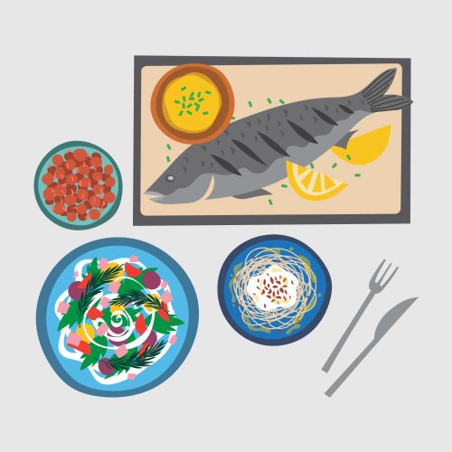 Grilled fish and side dishes on a table by Kate Snell