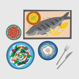 Grilled fish and side dishes on a table by Kate Snell