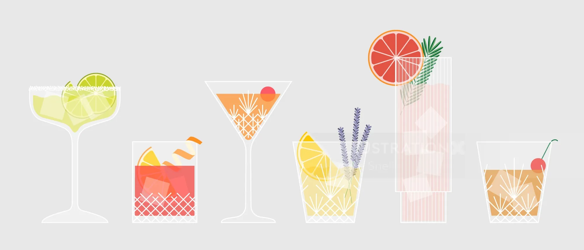 Colorful cocktail drinks with garnishes and ice cubes by Kate Snell