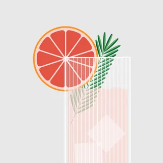 Pink citrus cocktail with ice cubes and leaf garnish by Kate Snell