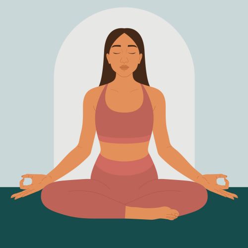 Woman meditating in lotus position wearing pink outfit by Kate Snell