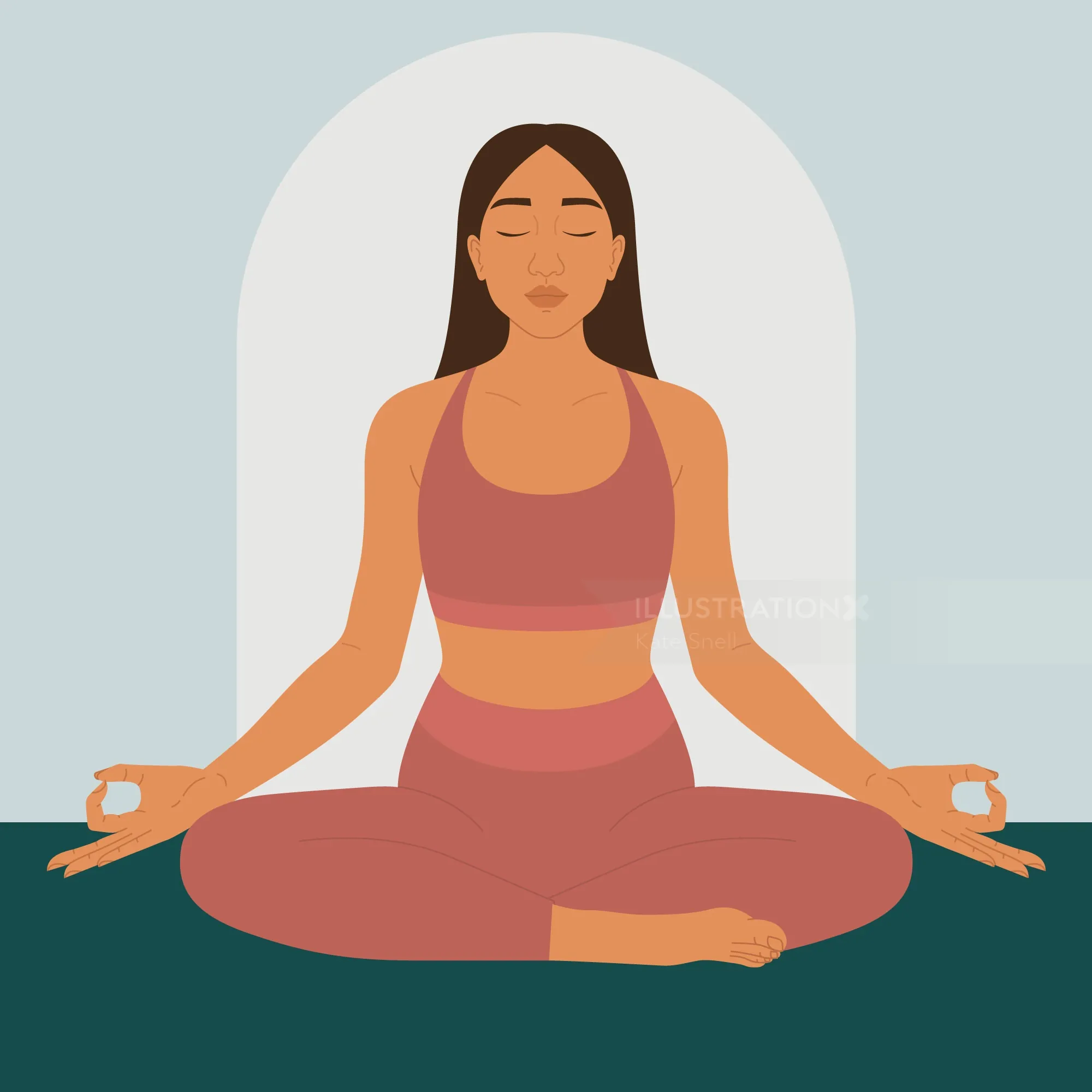 Woman meditating in lotus position wearing pink outfit by Kate Snell