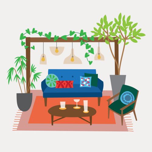 Cozy living room with blue sofa, green armchair, coffee table, and plants by Kate Snell