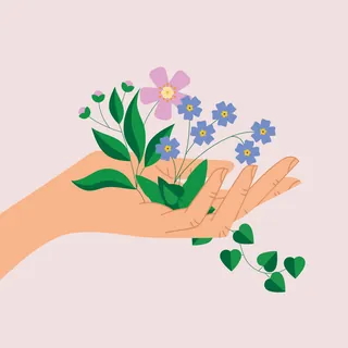 Hand holding pink and blue flowers with green vines, illustration by Kate Snell