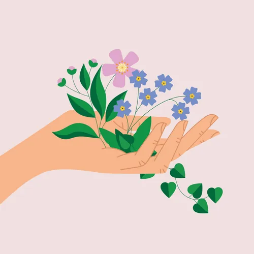 Hand holding pink and blue flowers with green vines, illustration by Kate Snell