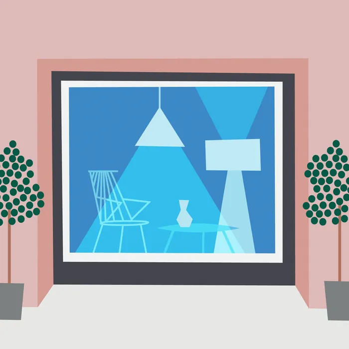 Modern interior with chair, table, lamp, and vase by Kate Snell