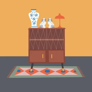 Mid-century cabinet with vases and lamp on colorful rug by Kate Snell