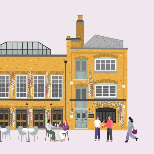 Yellow brick building with outdoor cafes and pedestrians by Kate Snell