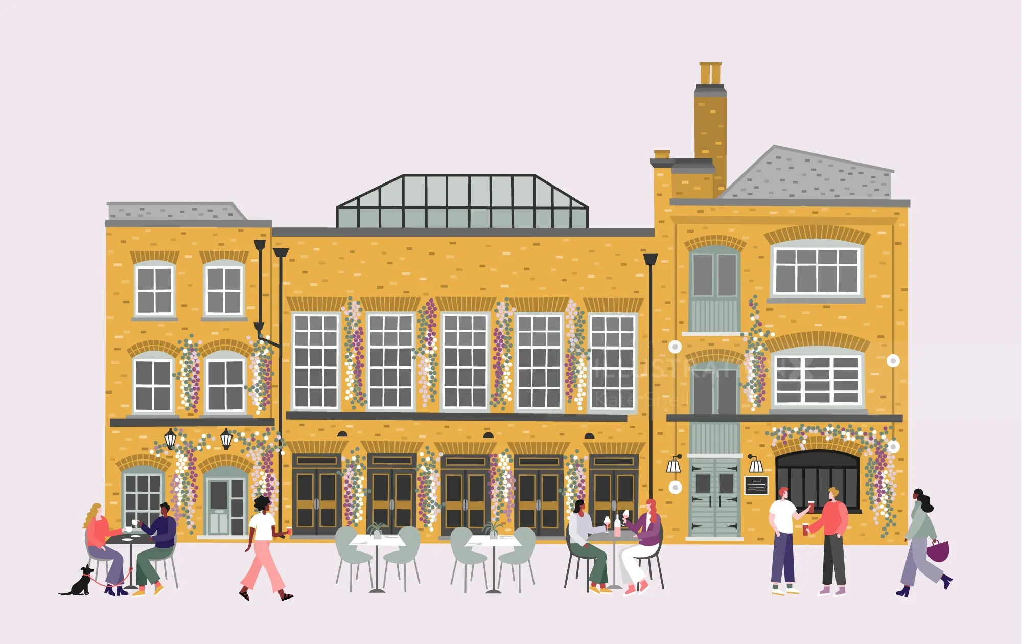 Yellow brick building with outdoor cafes and pedestrians by Kate Snell