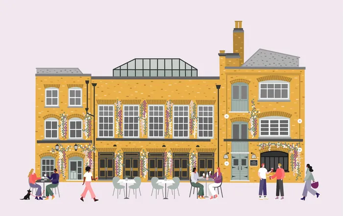 Yellow brick building with outdoor cafes and pedestrians by Kate Snell