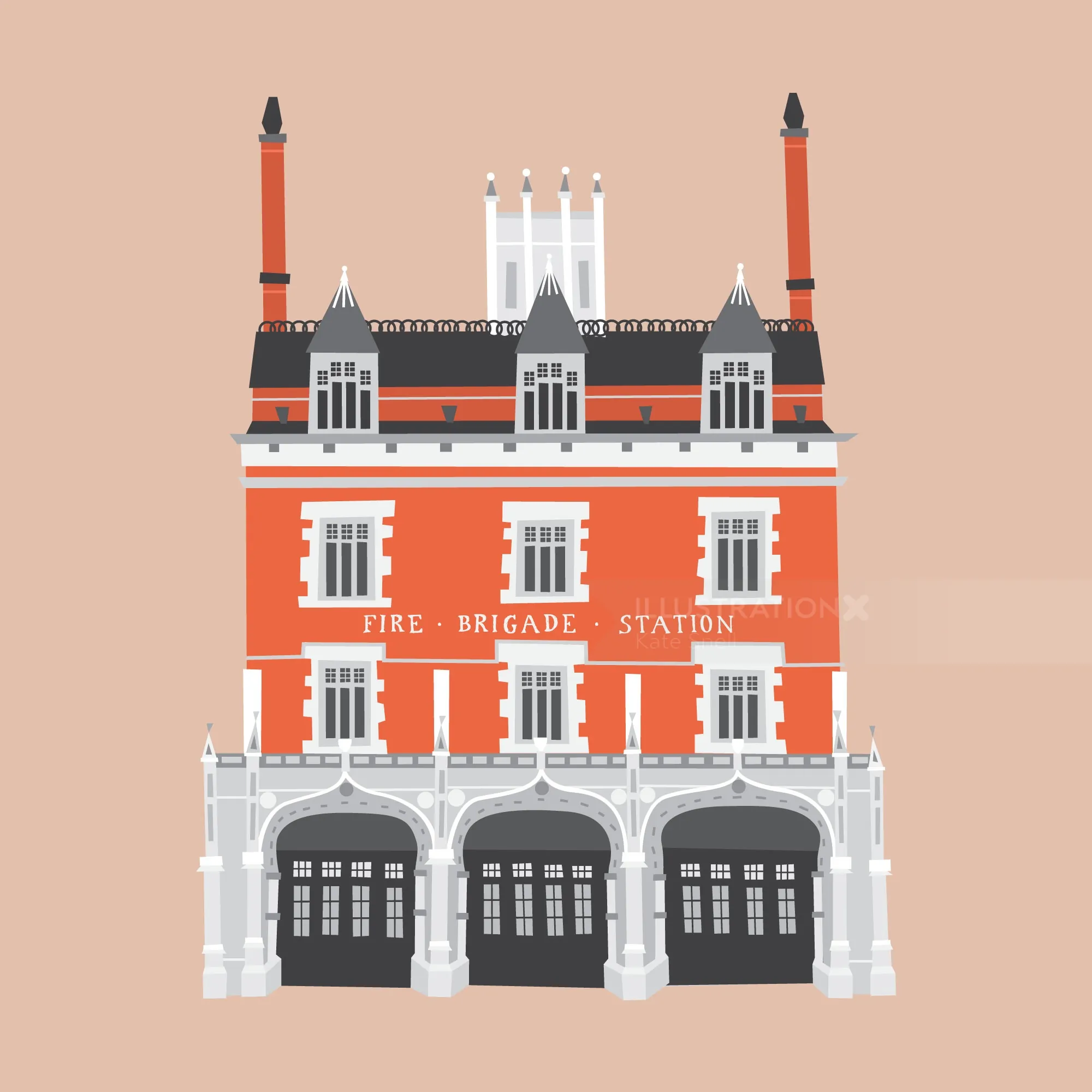 Illustration of a fire brigade station building with three garages by Kate Snell