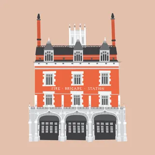 Illustration of a fire brigade station building with three garages by Kate Snell