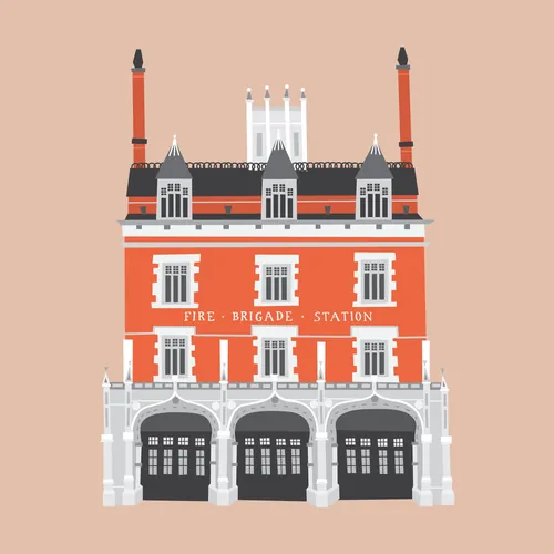 Illustration of a fire brigade station building with three garages by Kate Snell