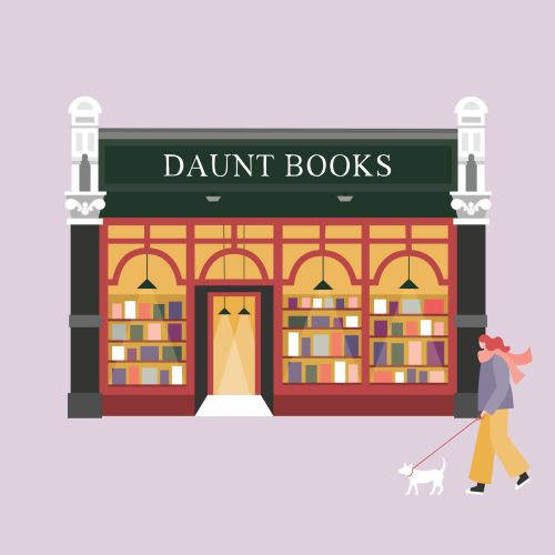 Illustration of Daunt Books storefront with person and dog by Kate Snell