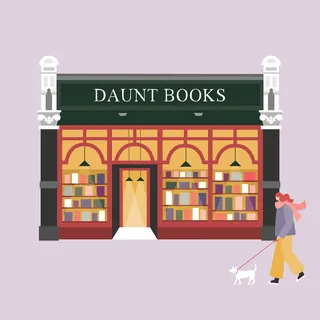 Illustration of Daunt Books storefront with person and dog by Kate Snell