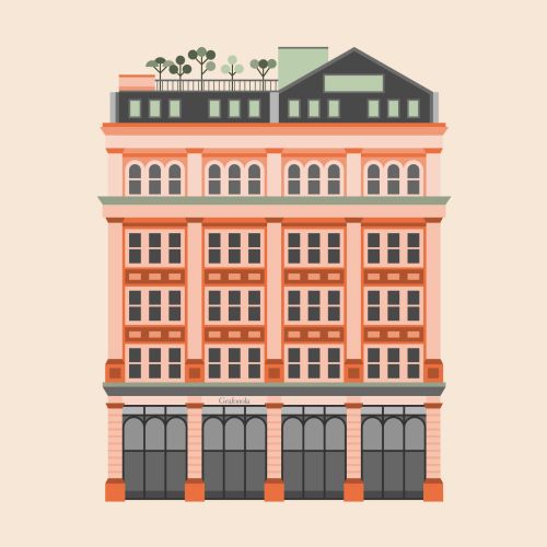 Digital illustration of an orange multi-story building with rooftop plants by Kate Snell