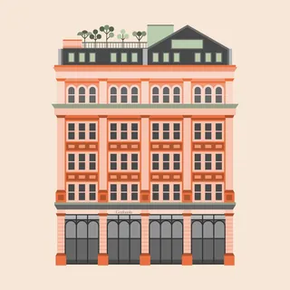 Digital illustration of an orange multi-story building with rooftop plants by Kate Snell