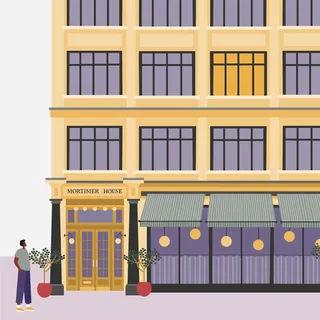Illustration of Mortimer House exterior with entrance and a person by a potted tree by Kate Snell