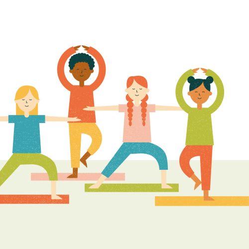 Children doing yoga poses on mats illustration by Kate Snell
