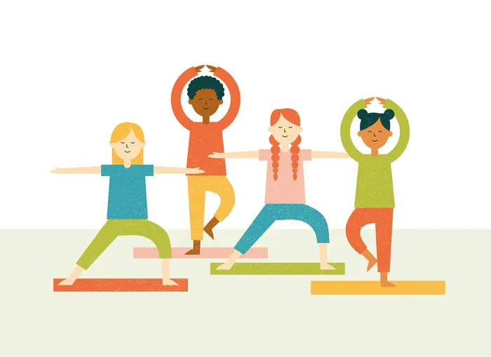 Children doing yoga poses on mats illustration by Kate Snell