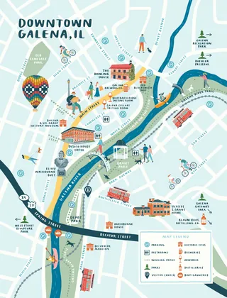 Colorful illustrated map of Downtown Galena Illinois showing streets and landmarks
