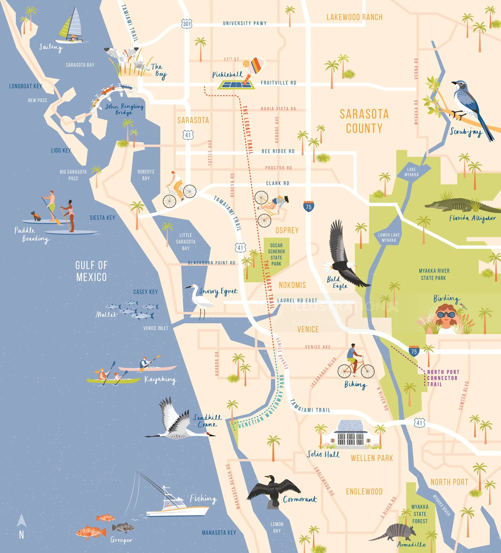 Colorful illustrated map of Sarasota County with landmarks and animals