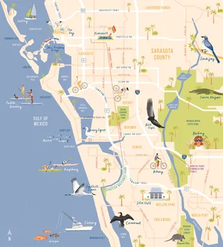 Colorful illustrated map of Sarasota County with landmarks and animals