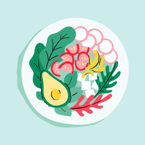 Plate of fresh salad with avocado, tomatoes, greens, and radish slices