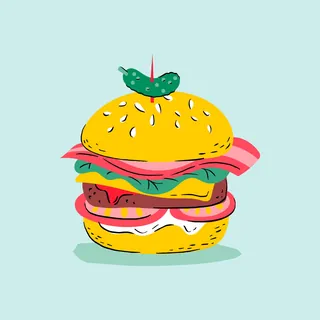Cartoon cheeseburger with lettuce, tomato, cheese, pickles, and onion