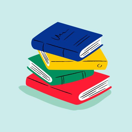 Stack of colorful books with blue, yellow, green, and red covers
