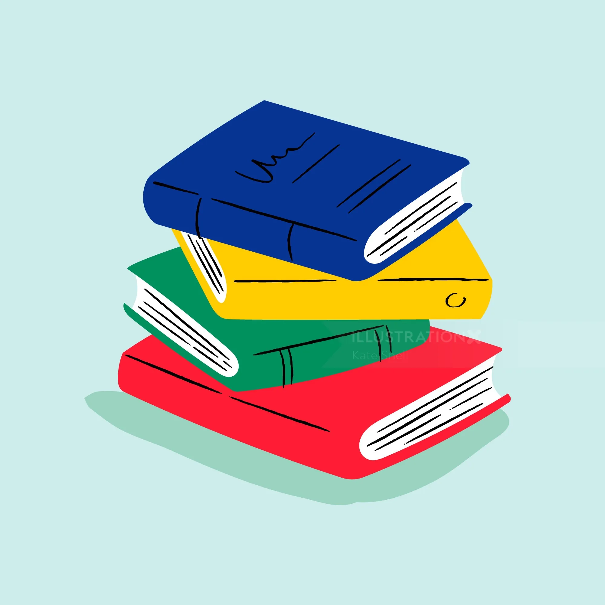 Stack of colorful books with blue, yellow, green, and red covers